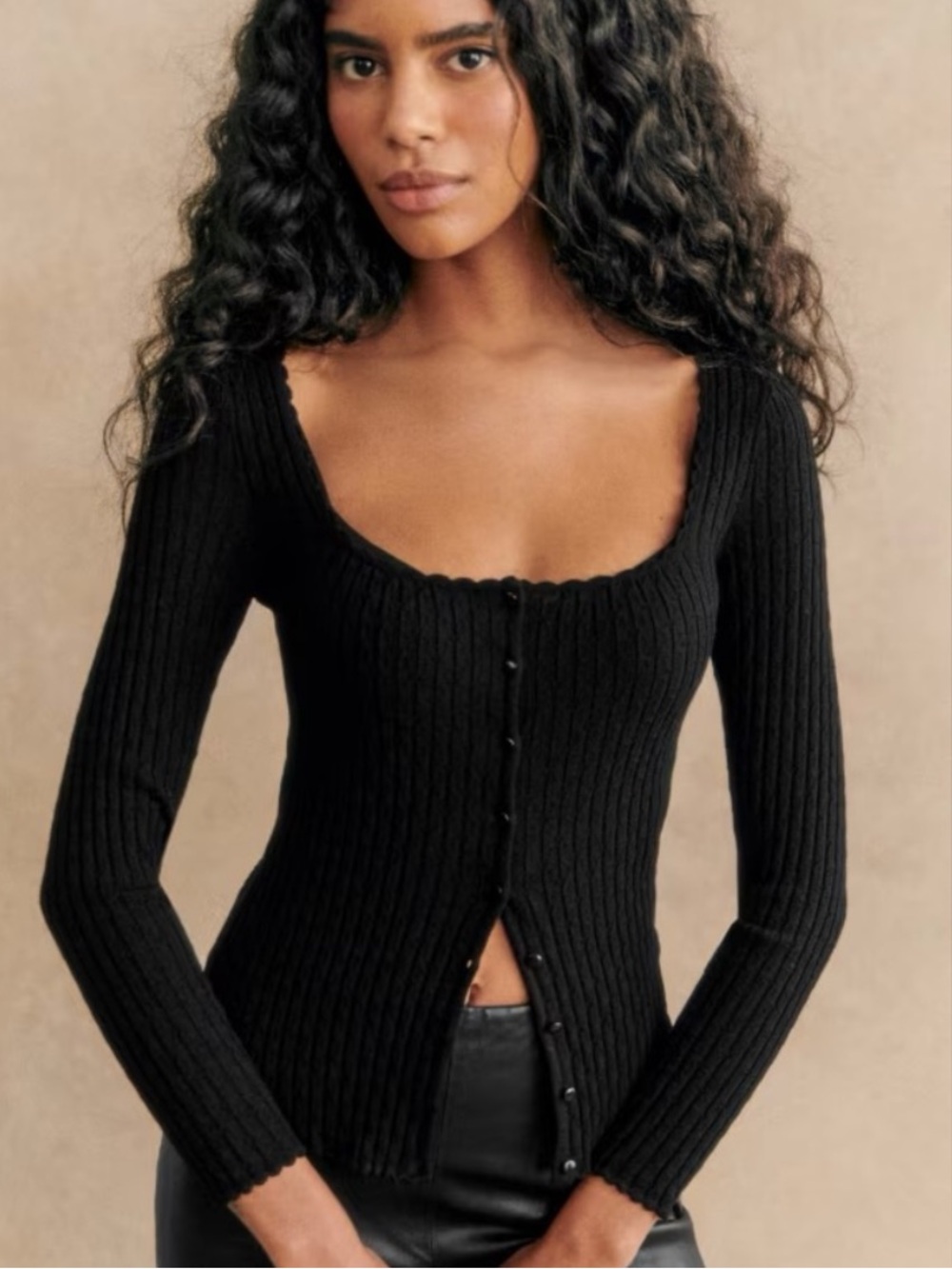 Sezane Ambroise Ribbed Knit Cardigan Square Neck Scalloped Black Size Small